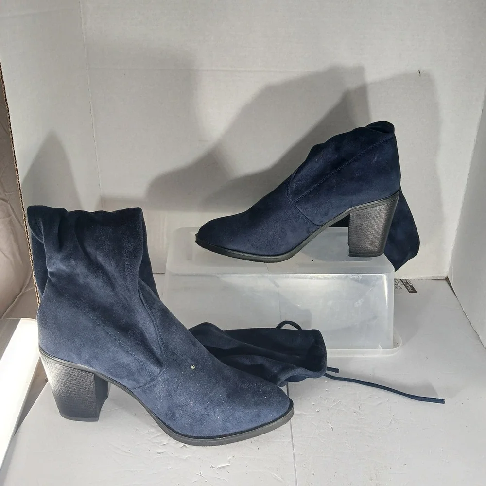 Forever Over The Knee Slouchy Boots 10 Navy Blue Faux Suede Block Heel Tie Back‎